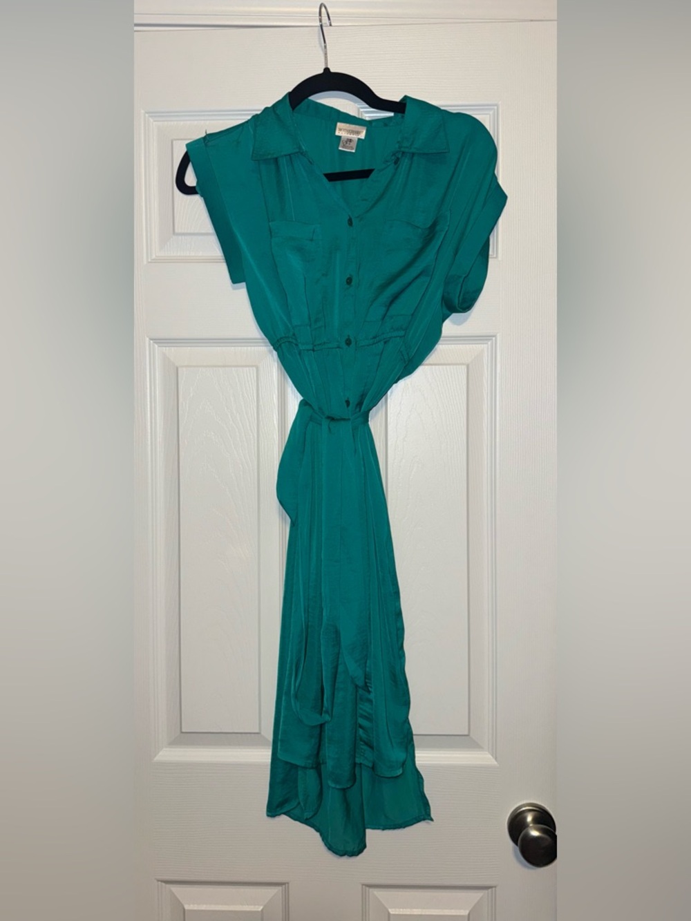 Motherhood Teal Button-Front Jumpsuit with Waist Tie